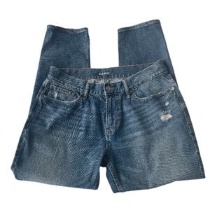 Old Navy Men's 33X29 Medium Blue Denim Jeans Distressed Tapered Leg 5 Pocket